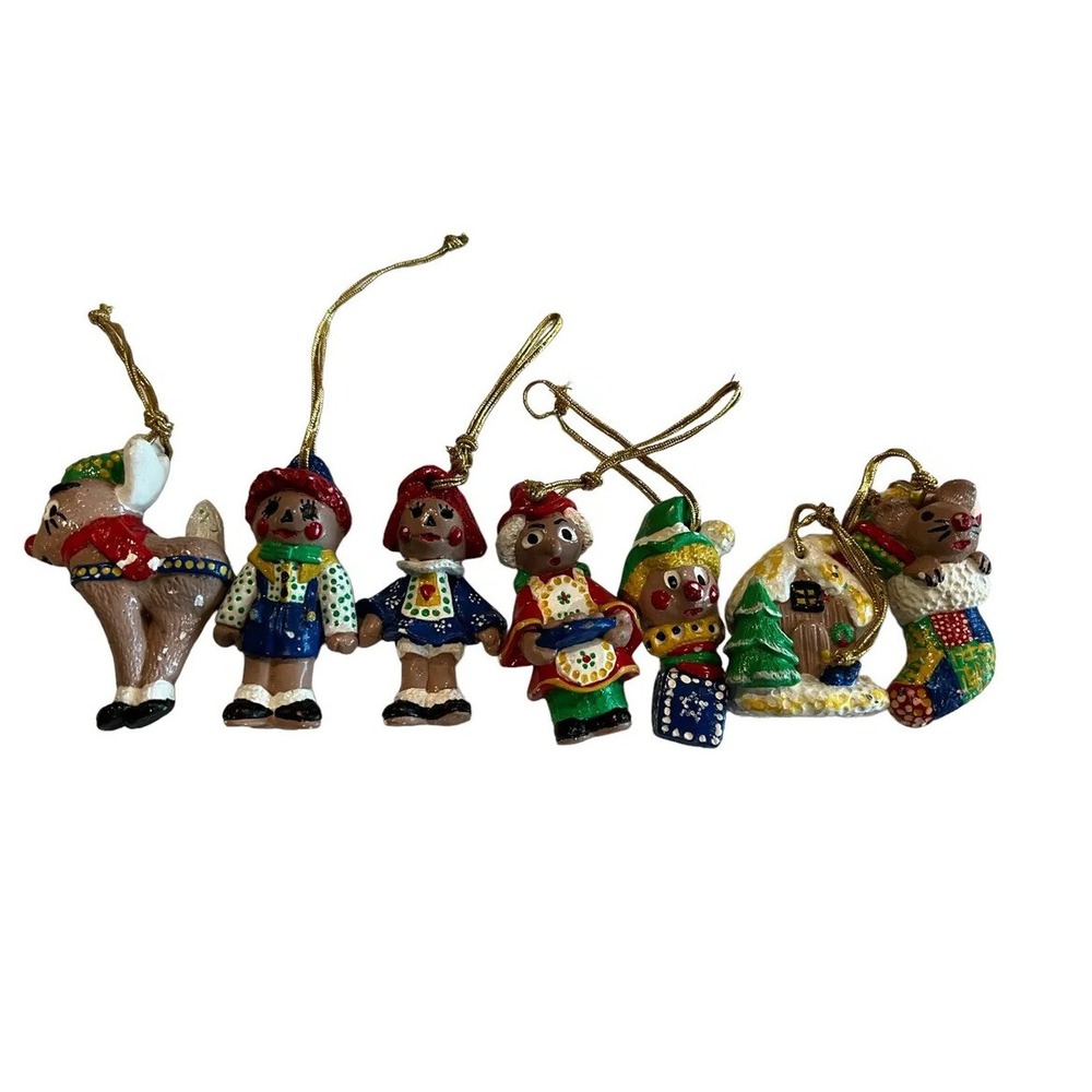 Vintage Hand Painted Resin Christmas Ornaments Set 7 Reindeer Mouse Rag Doll